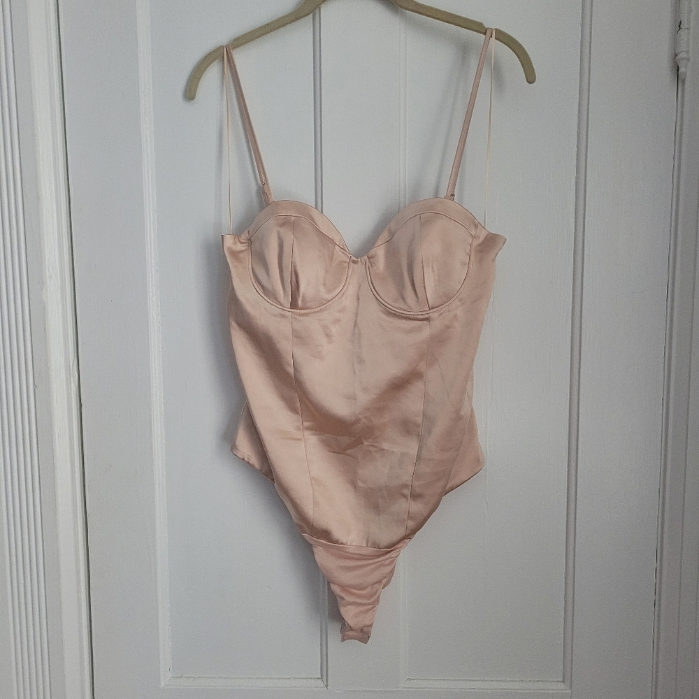 ZARA Nude Silky Double Layer Snap Crotch Side Zip Removable Straps Bodysuit sz L